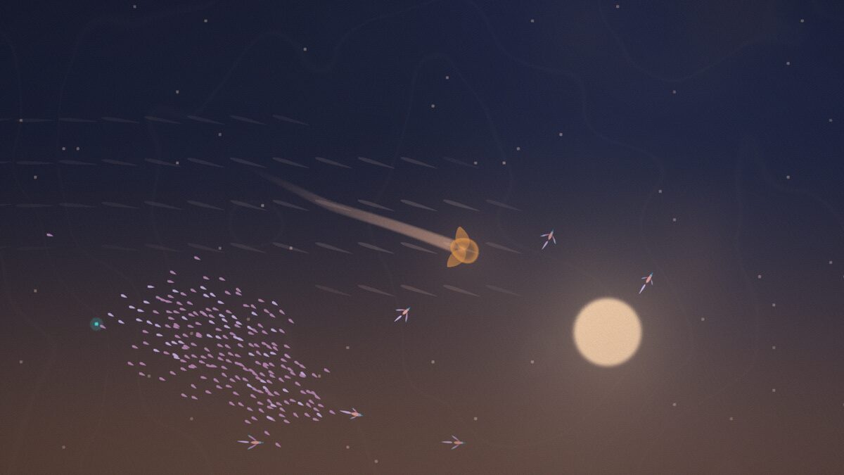 Une lueur orange qui glisse dans un ciel de crépuscule, près d'une nuée d'étourneaux, vers une lune basse.